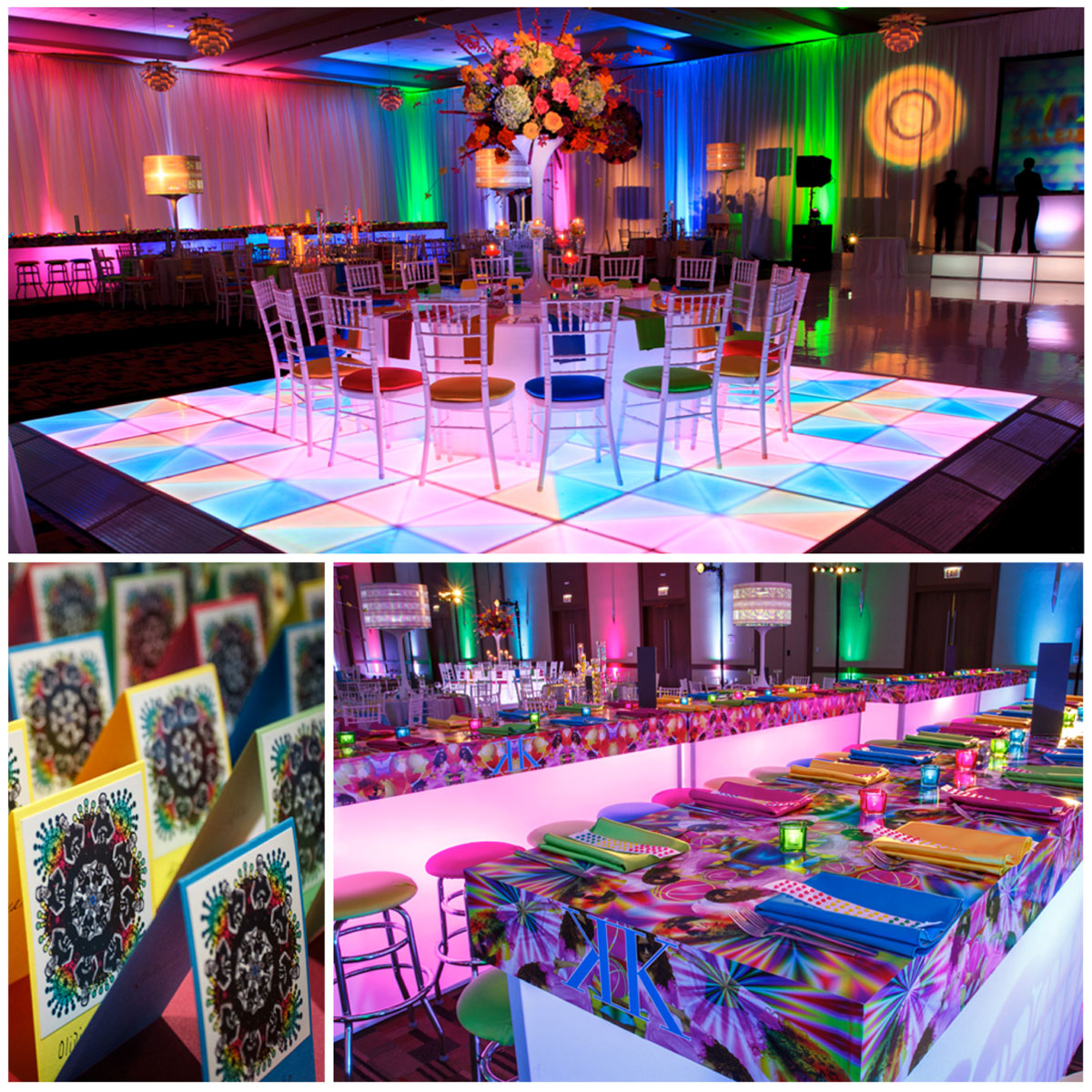 While dreaming up this kaleidoscope party, Vince works closely with the graphics team to create multiple layers of digital art, carrying their theme through every detail including tabletop treatments, spinning lamp shade centerpieces and place card design.