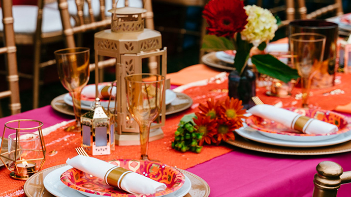 table design, tablescape, centerpiece, flowers, decor, all in the details, vibrant, brass lanterns, social event