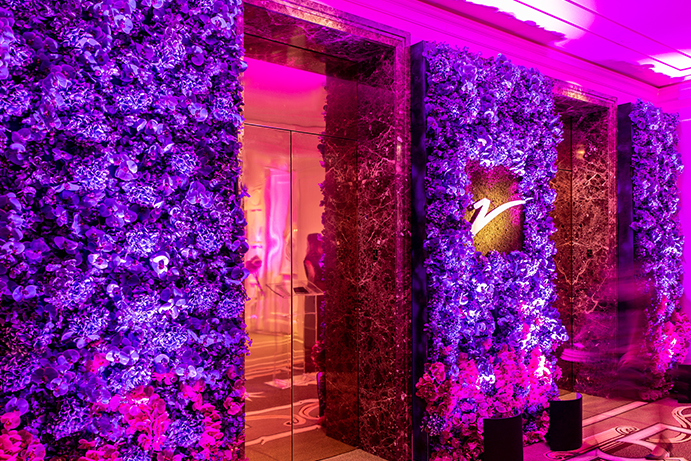 Boxwood floral designs at the luxury hotel in Chicago showcasing the new Z Bar at The Peninsula