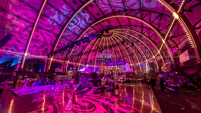 Kehoe Designs, celebration, professional, corporate design, pink lighting, lighting design, buffet stations, food decor, food design, large corporate event, event design, corporate styling, Navy Pier, BlackOak Technical Productions, event production, trends, graphics, dance floor