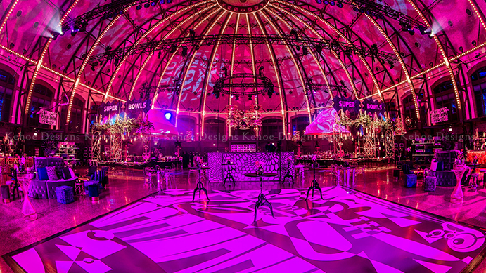 Kehoe Designs, celebration, professional, corporate design, pink lighting, lighting design, buffet stations, food decor, food design, large corporate event, event design, corporate styling, Navy Pier, BlackOak Technical Productions, event production, trends, graphics, dance floor