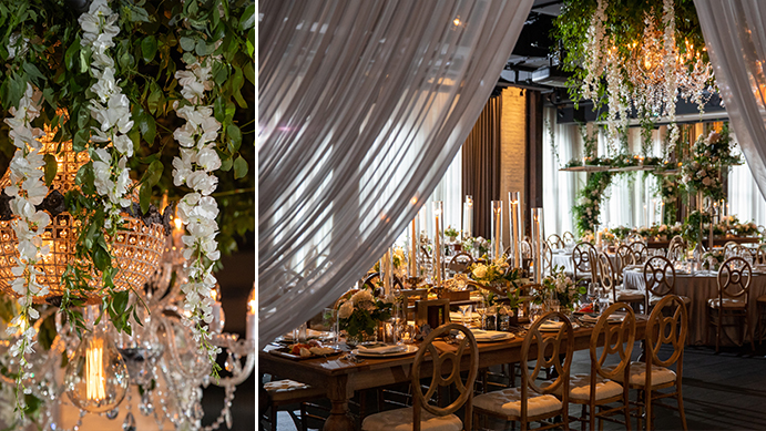 Garden-Inspired, Centerpiece, Wedding Centerpiece, Floral Arrangements, Flowers, Greenery, Plantscapes, Chandeliers, Romantic, Brides, Pride Month, Intimate Wedding, Secret Garden, Wedding Reception, Tablescape, Floral Designs